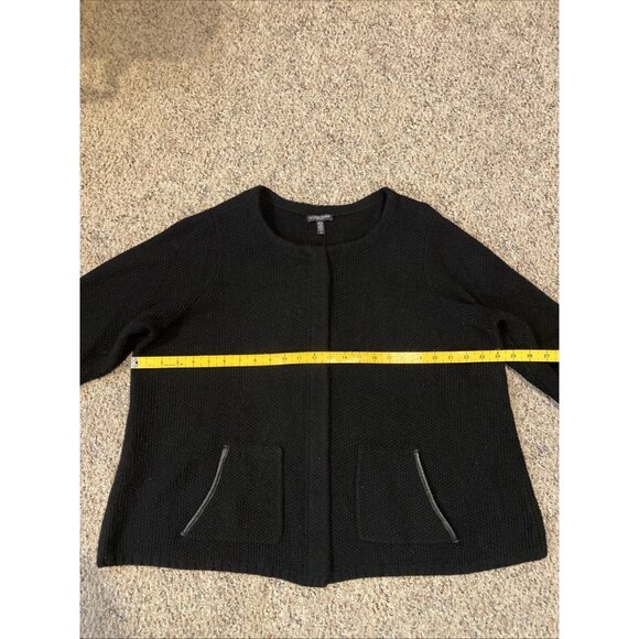 Eileen Fisher Black Full Zip Knit Yak Wool Leather Trim Sweater Size: 2X - Picture 8 of 9